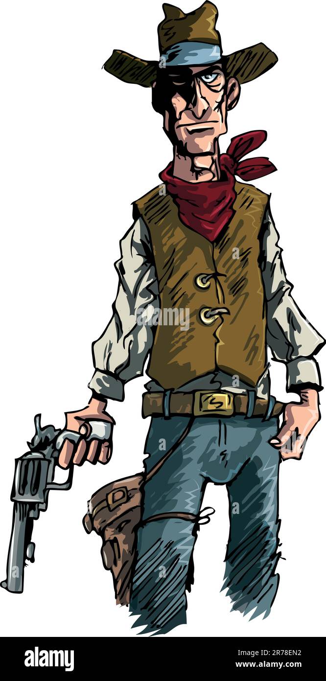 Mean illustration of a Cowboy gunslinger draws his six shooter Stock Vector