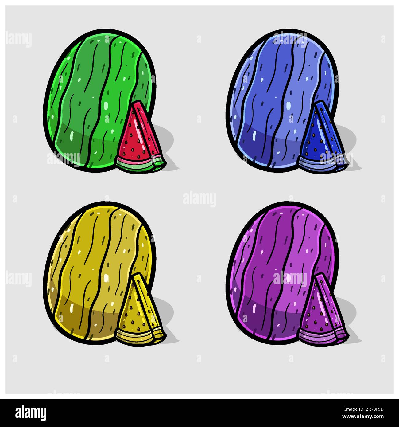 Watermelon Cartoon With Four Color Different. Simple Effect. Vector and
