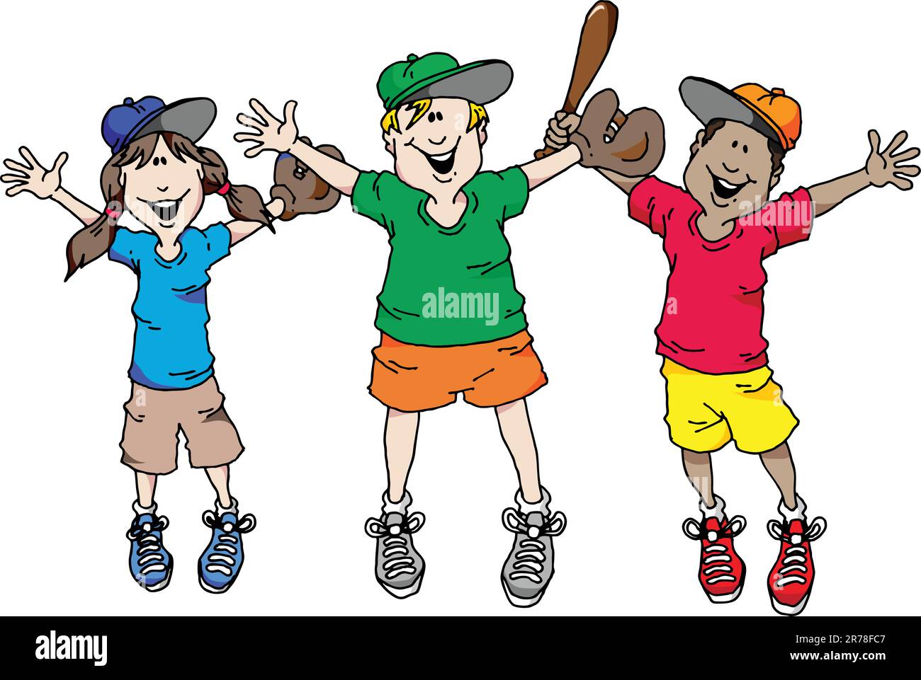 Illustration of a group of kids happy that baseball is back Stock
