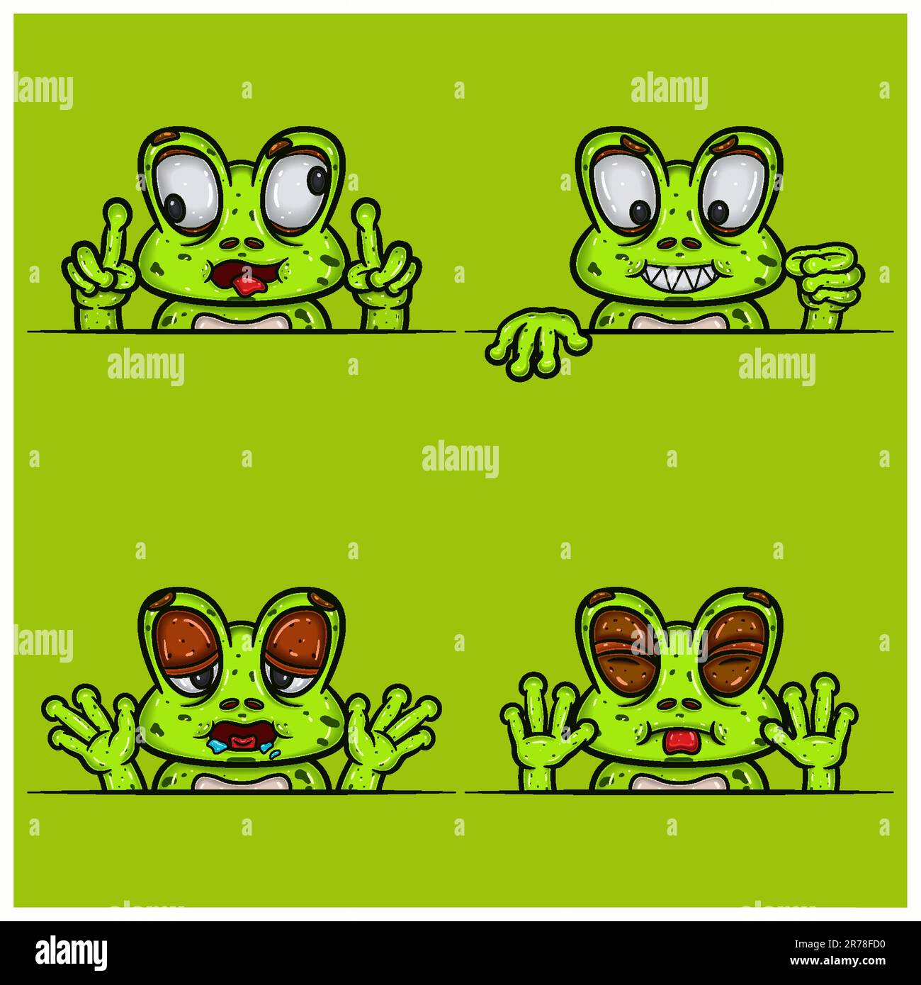 Set Of Expression Frog Face Cartoon. Crazy, Evil, Hungry and Taunt Face