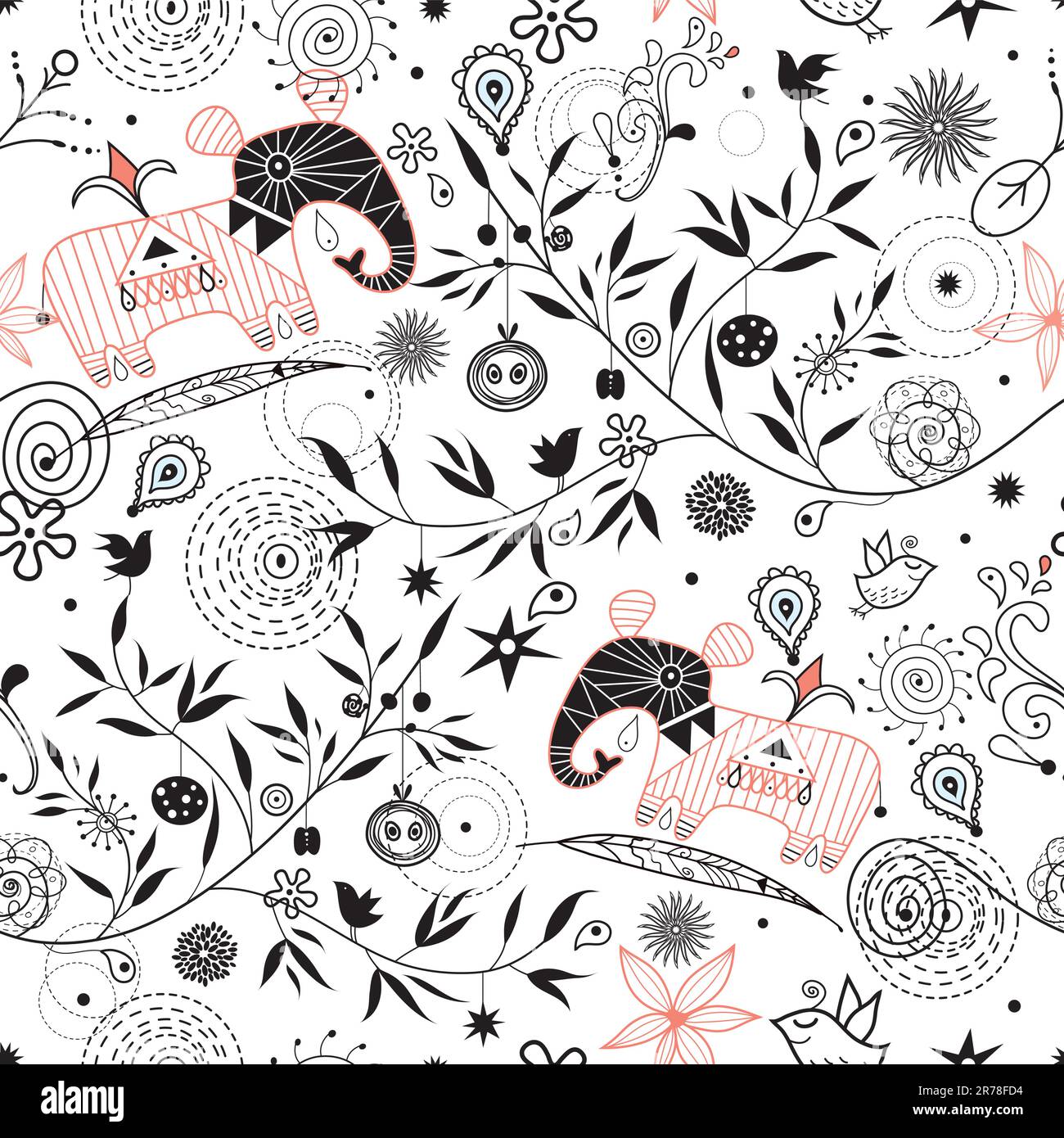 black floral seamless pattern with elephants on a white background Stock Vector