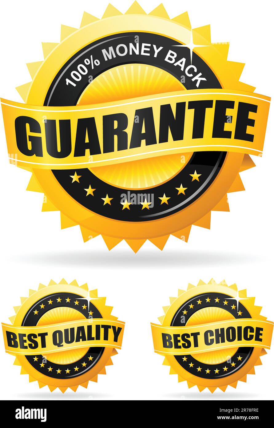 Set of three vector gold labels - money back guarantee, best quality and best choice Stock Vector