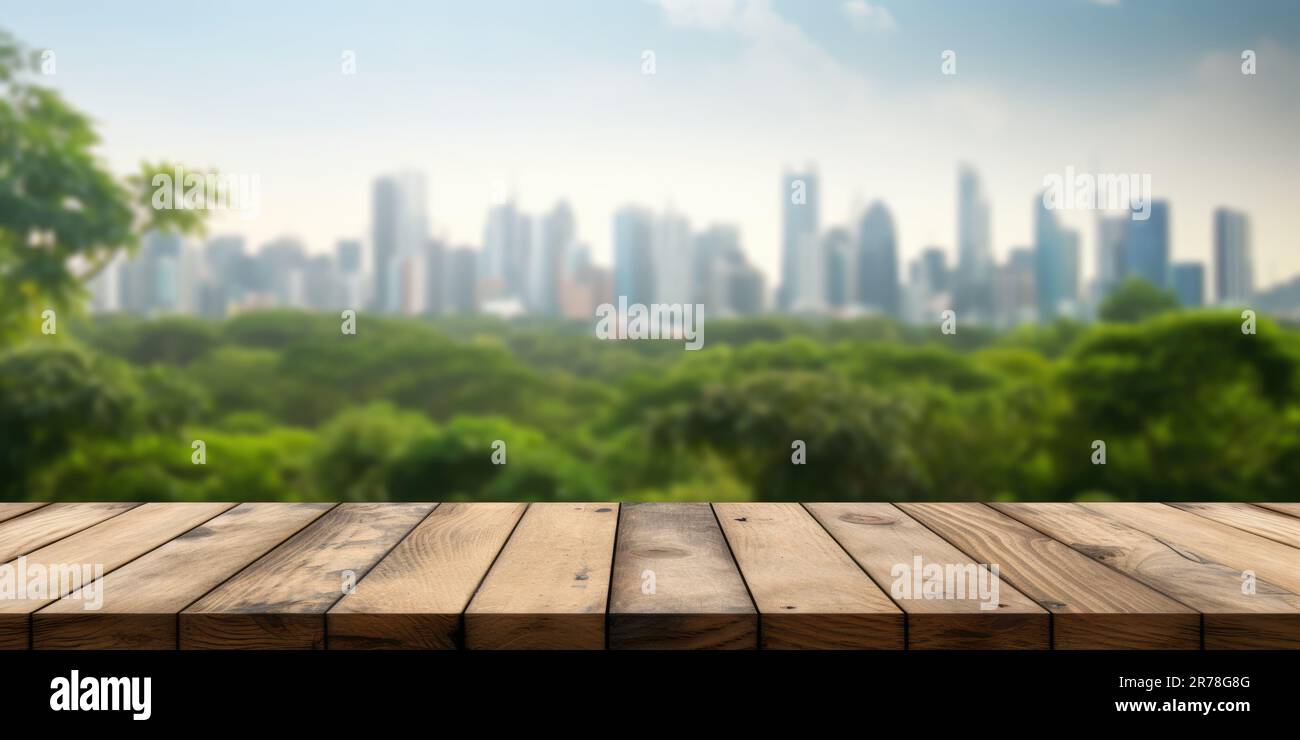 The empty wooden table top with blur background of nature skyline