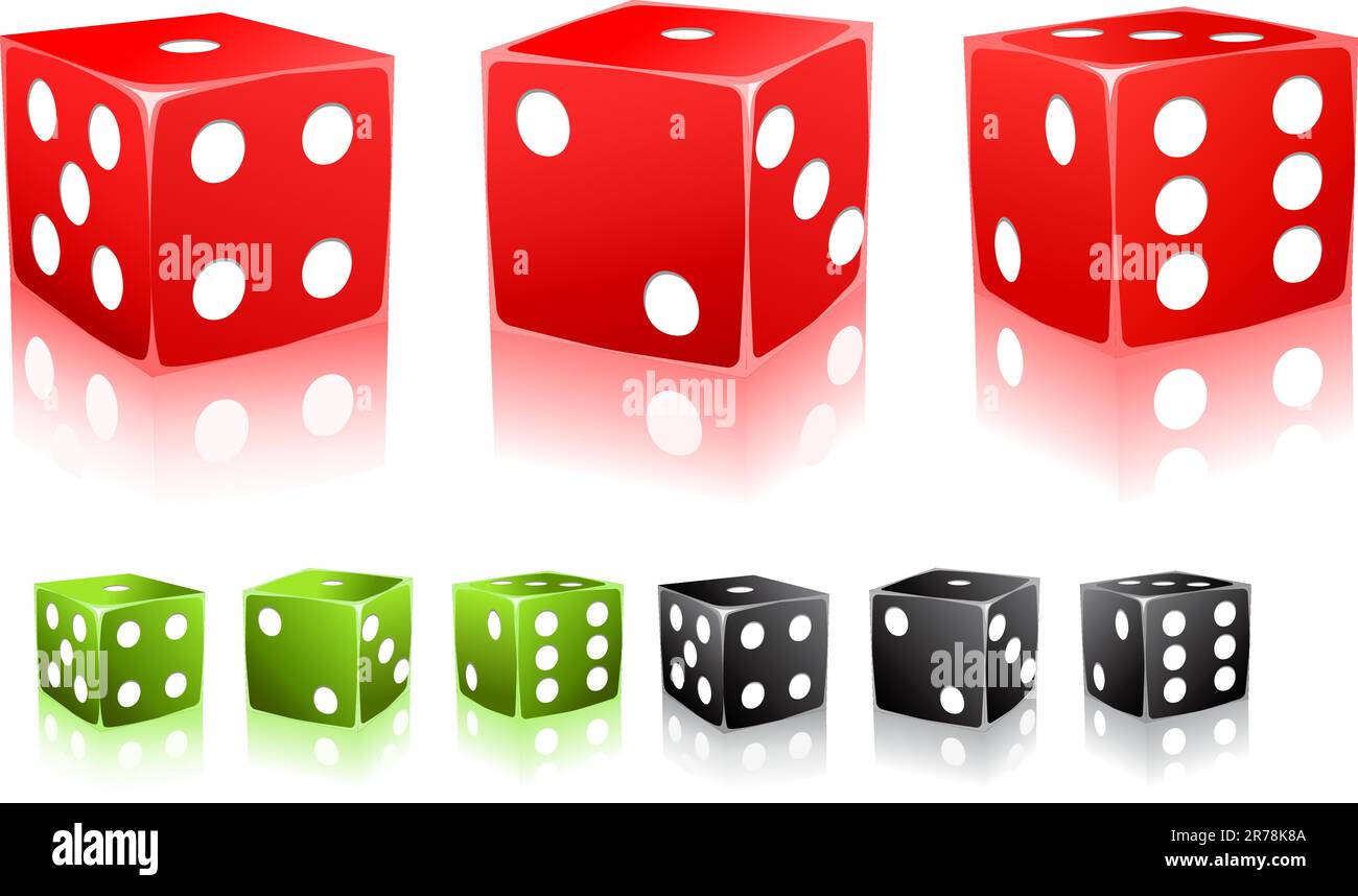black red green dice with white dots icon set isolated on white