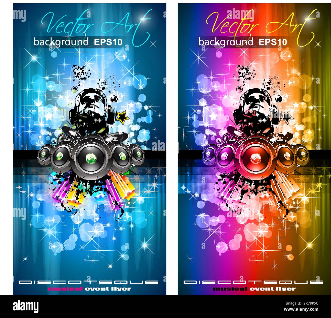 MAgic Lights Disco Flyer with DJ shape and a lot of stars Stock Vector