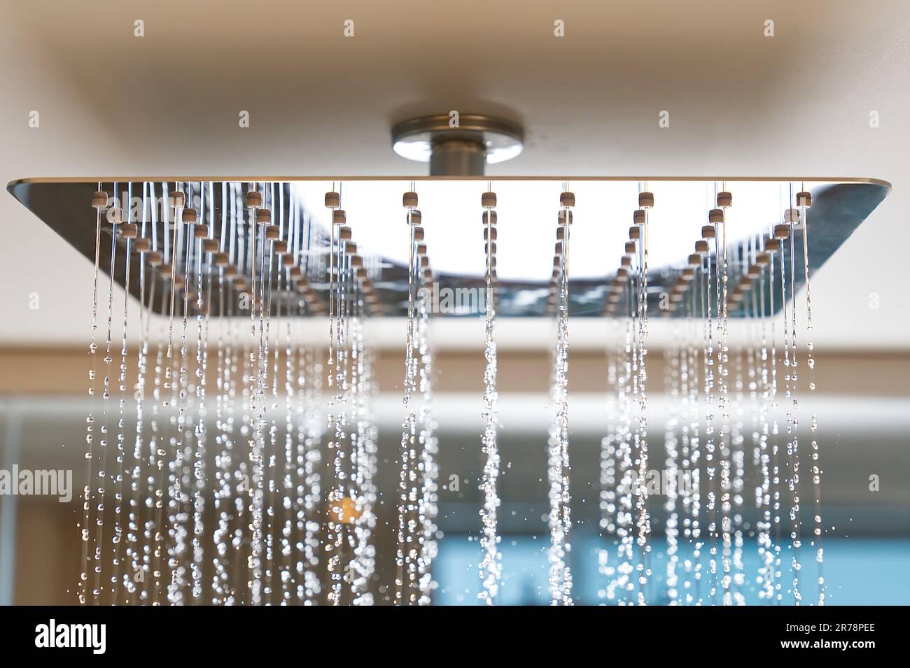 Water flows from the tropical shower. Large water consumption. Chrome