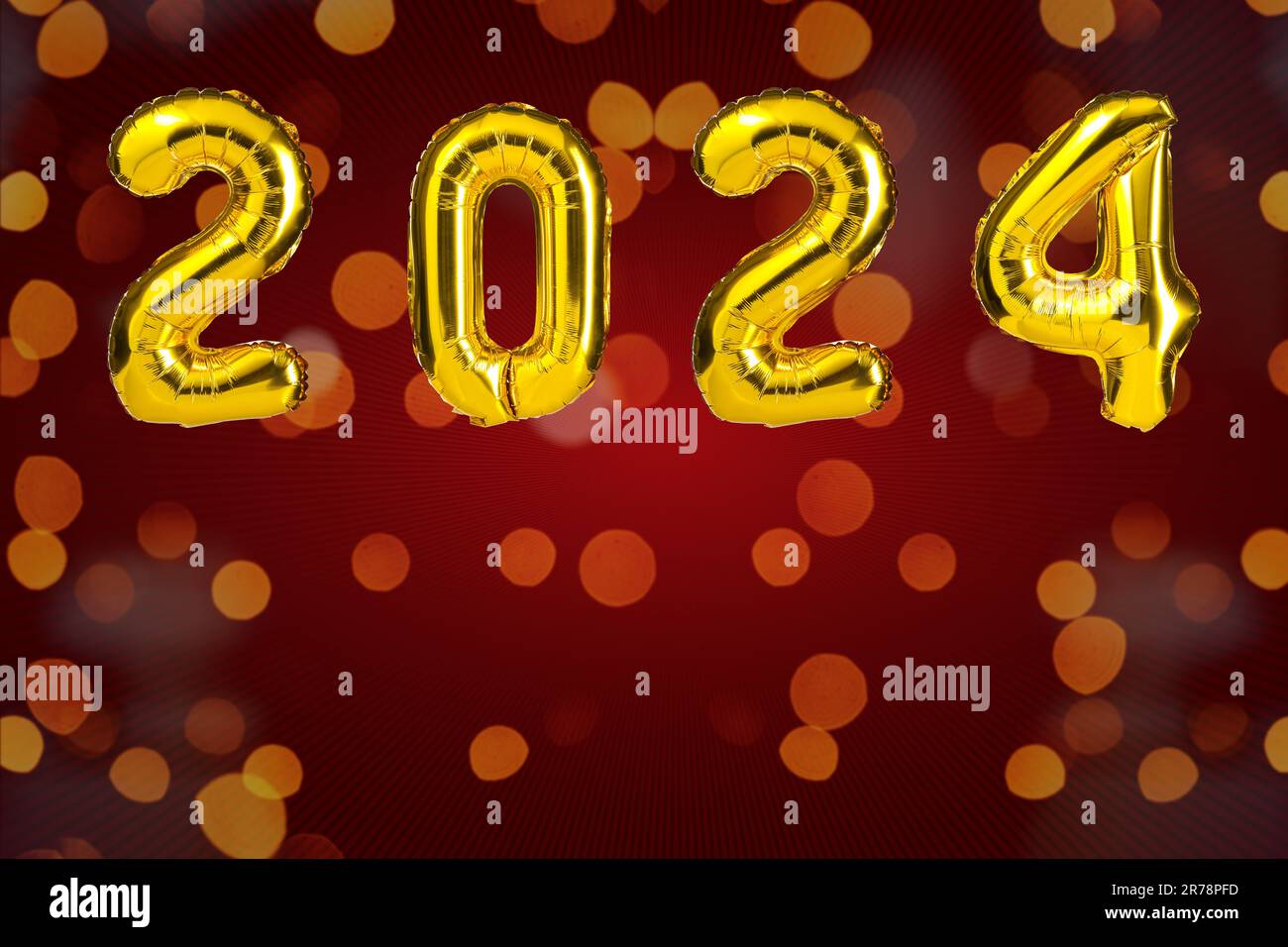 New Year 2024 celebration. Golden Yellow foil color balloons. 2024