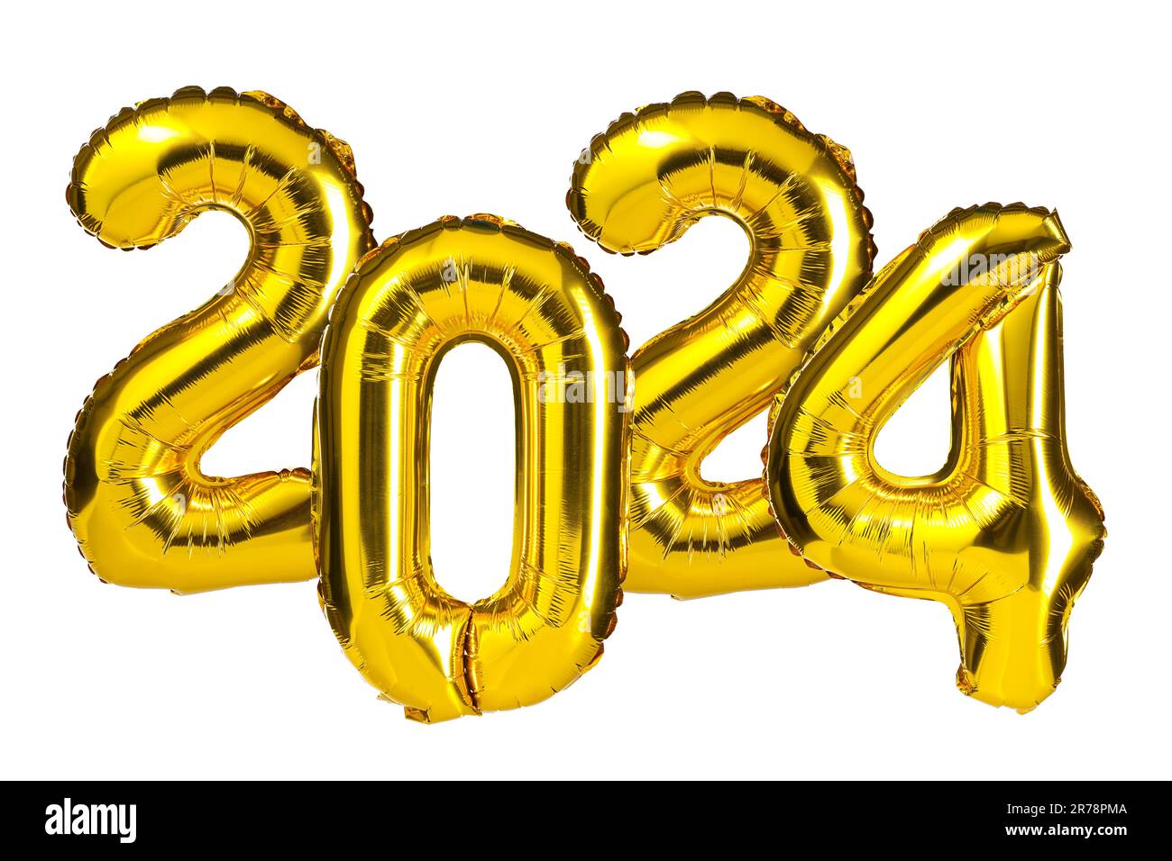 New Year 2024 celebration. Golden Yellow foil color balloons. 2024