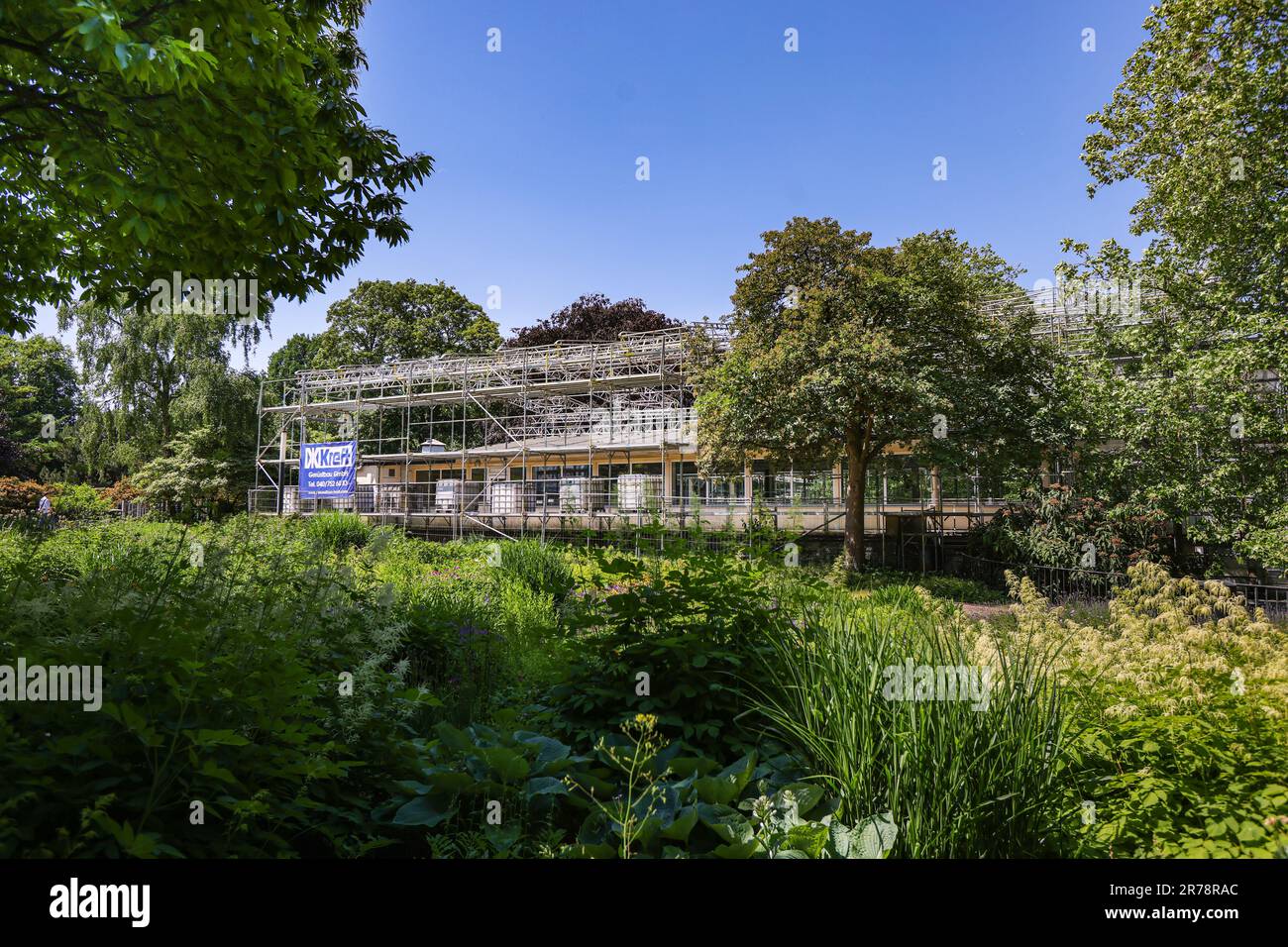 Hamburg, Germany. 12th June, 2023. View of the Café Seeterrassen in the Planten un Blomen park in Hamburg. The traditional pub with four event rooms and a 2,000 m² terrace as well as gastronomy has been empty since 2020. The planned demolition of the café, built in 1953 according to plans by Hamburg architect Ferdinand Streb for the International Garden Exhibition, was prevented by a petition. Now the district of Hamburg-Mitte has bought the Café Seeterrassen. Credit: Ulrich Perrey/dpa/Alamy Live News Stock Photo