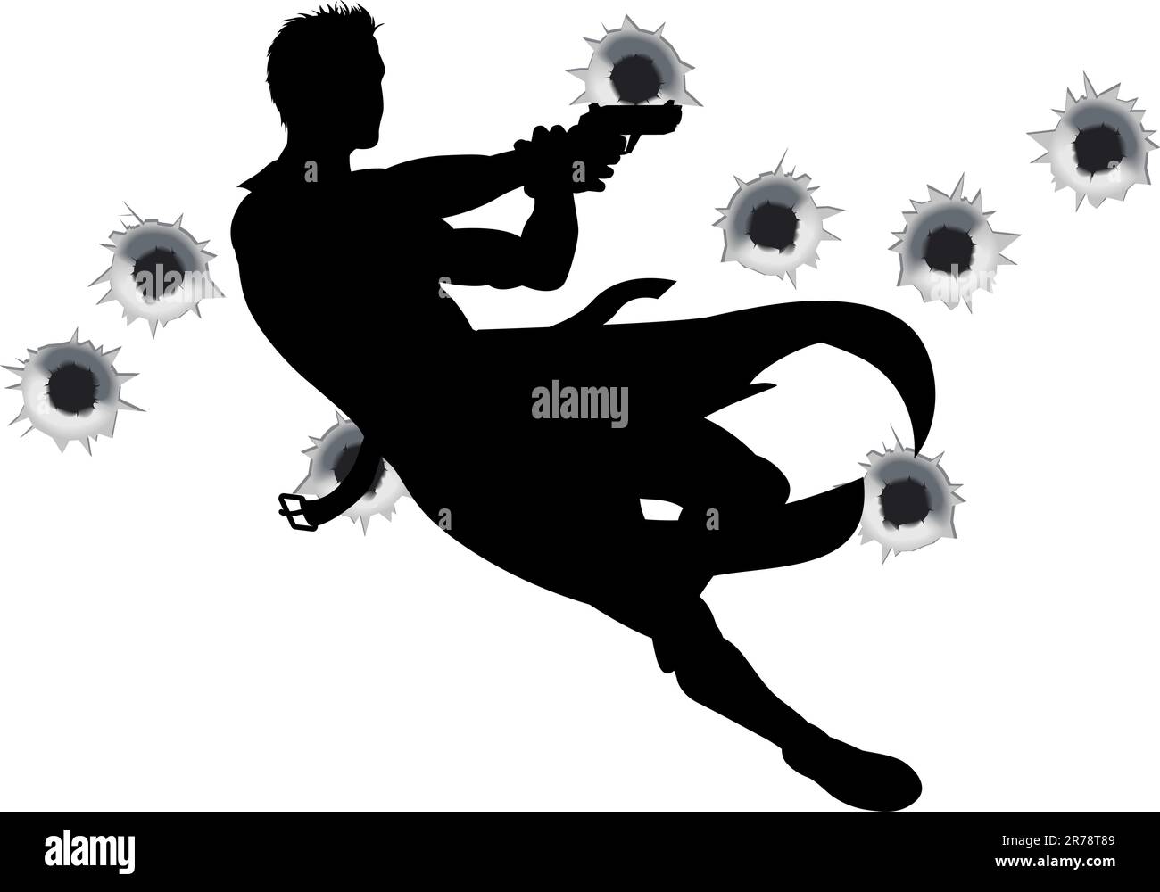 Action hero leaping through the air and shooting in film style gun fight action sequence. With bullet holes. Stock Vector
