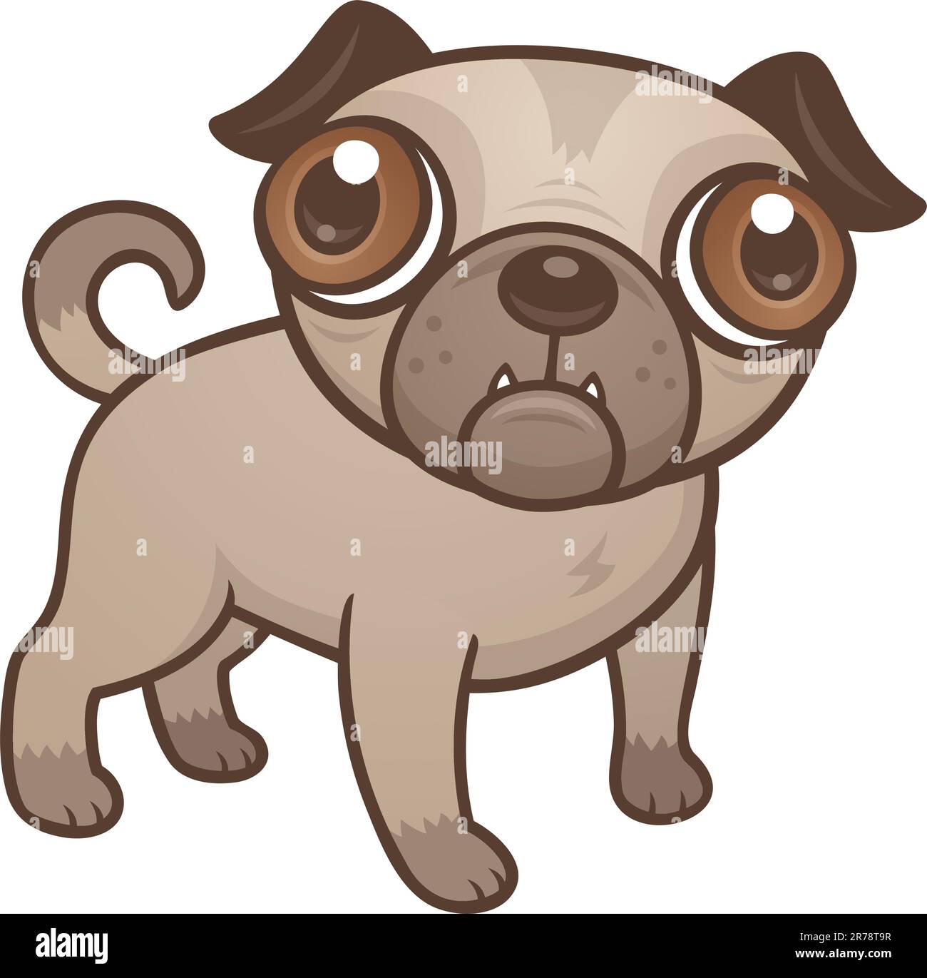 Vector cartoon illustration of a cute Pug puppy dog with really big brown eyes. Stock Vector