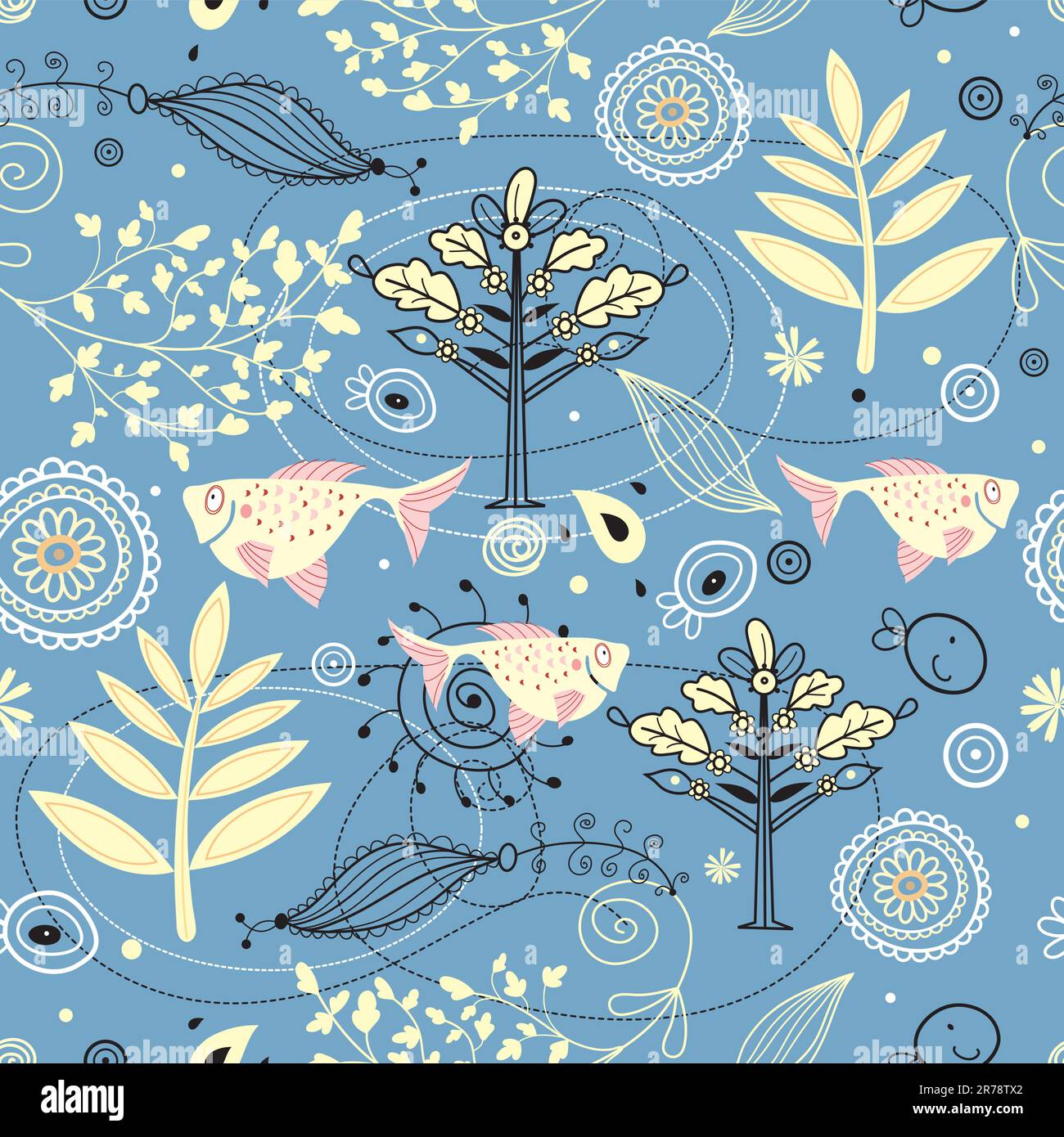 seamless floral pattern with gold fish on a blue background Stock Vector