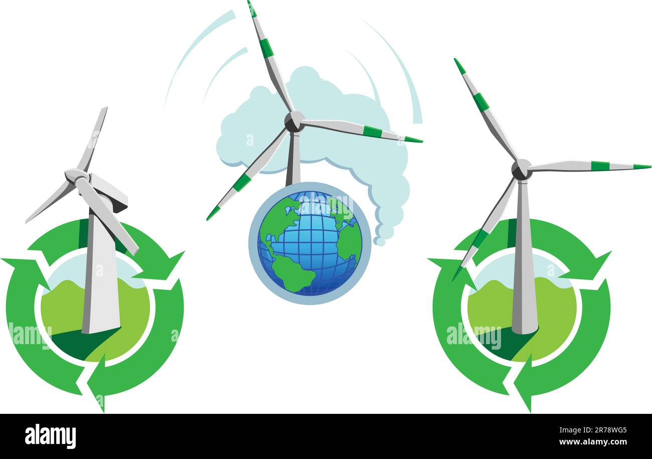 Icons of windmill turbines for environmentally clean power and to save the environment Stock Vector