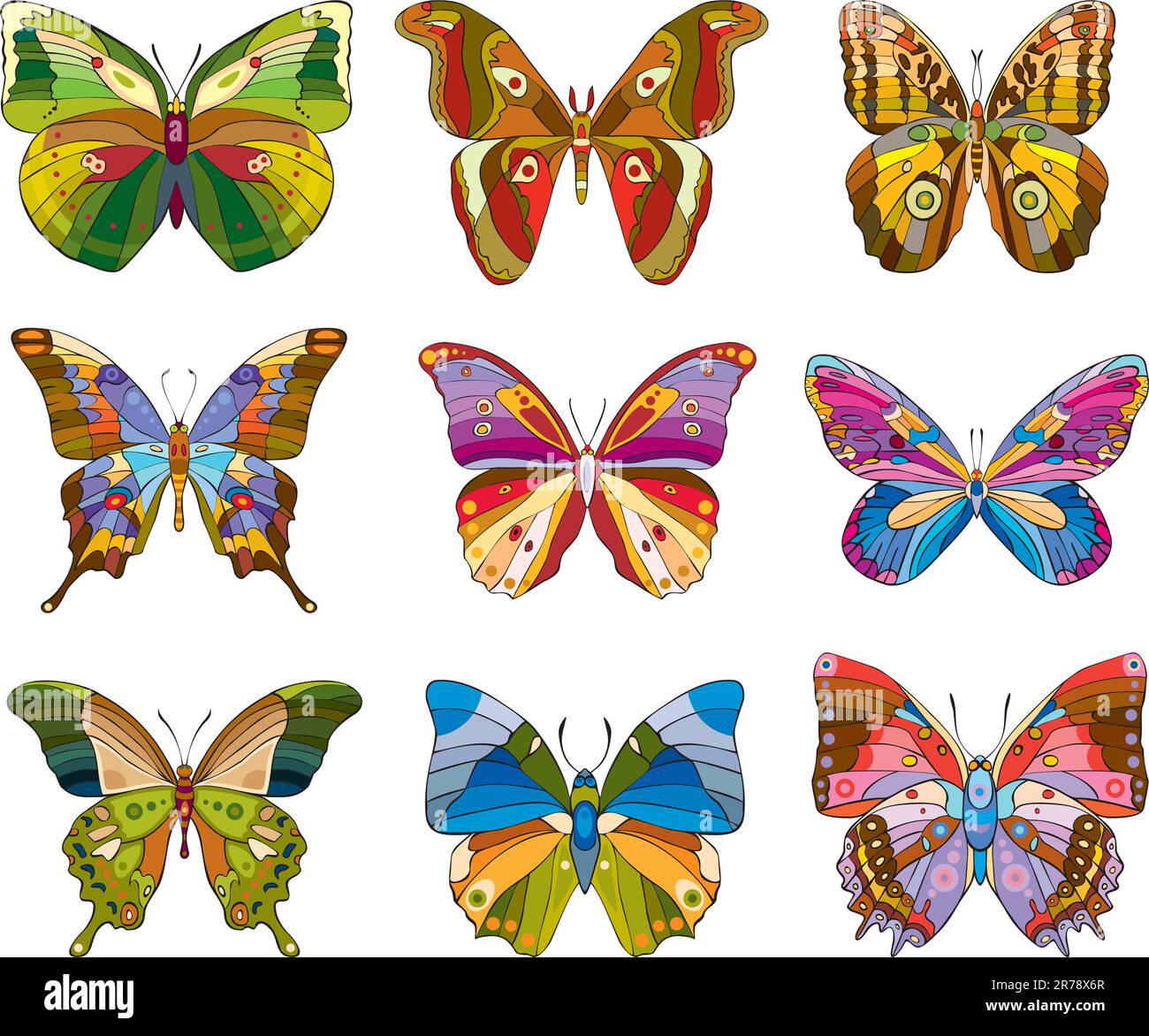 Set of beautiful multicolored butterflies on a white background Stock Vector