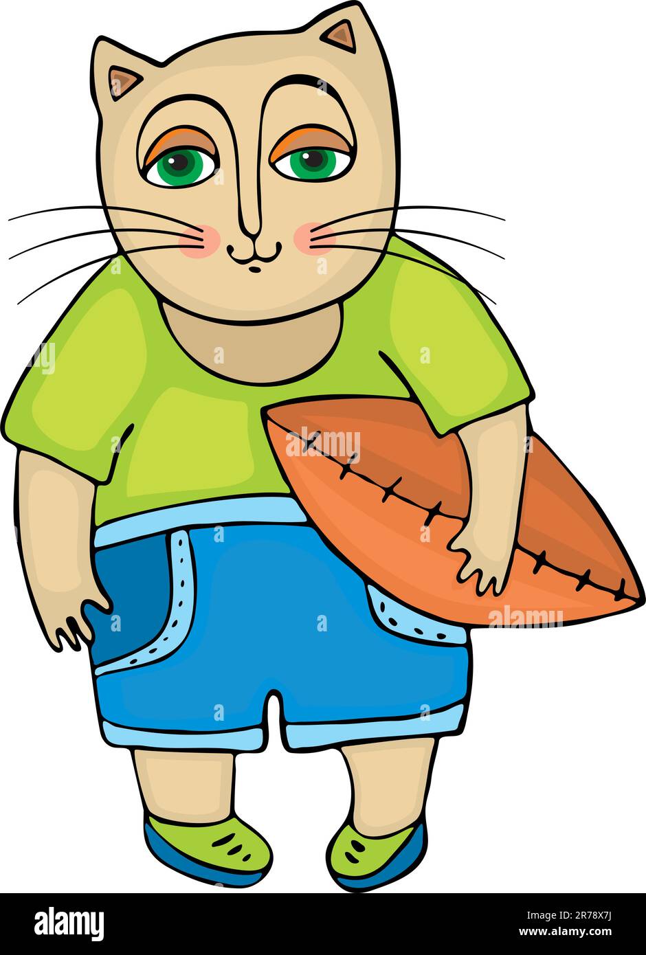 Cat in a green T-shirt and dark blue shorts with a ball in paws Stock Vector