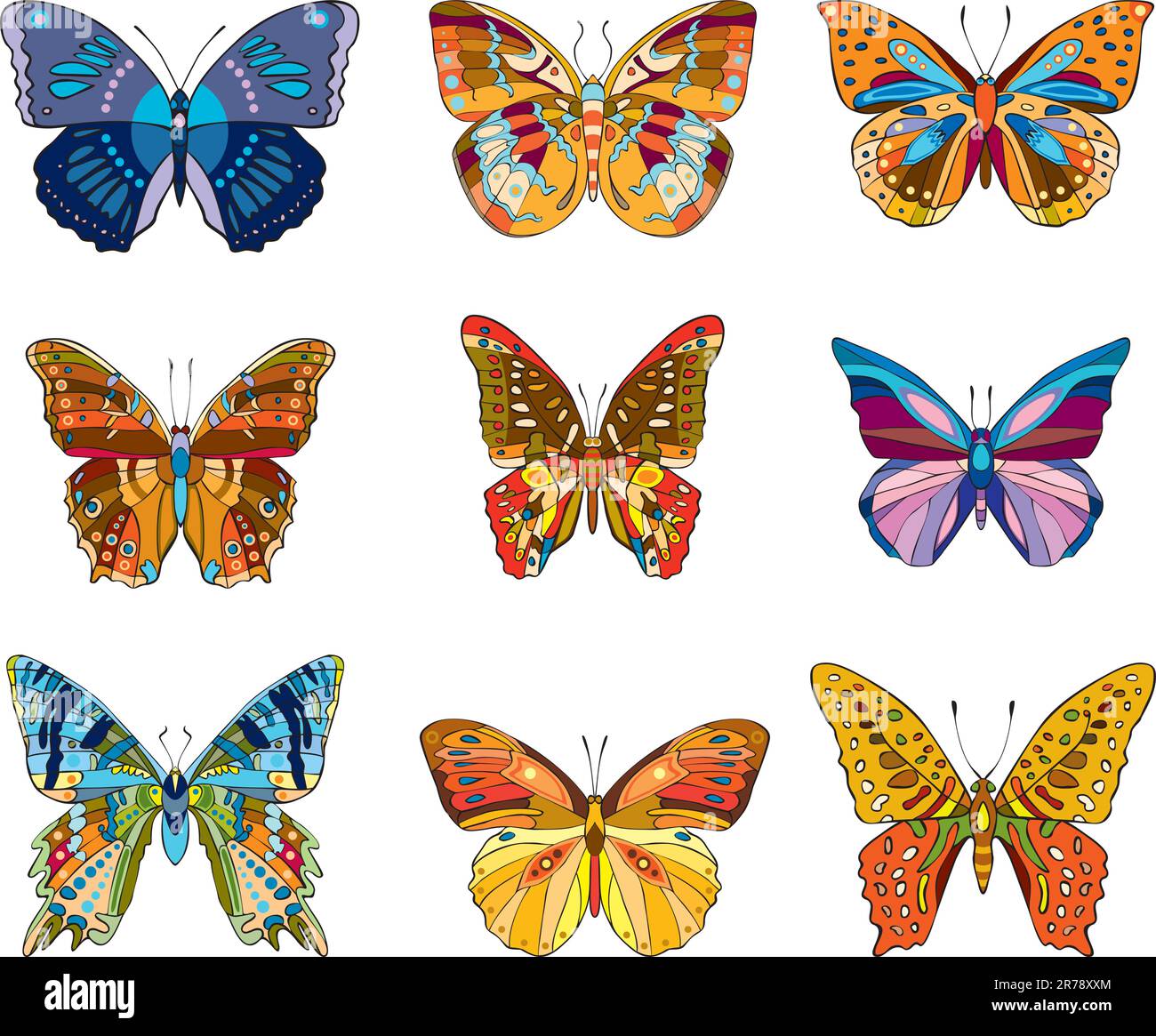 Set of beautiful multicolored butterflies on a white background Stock Vector