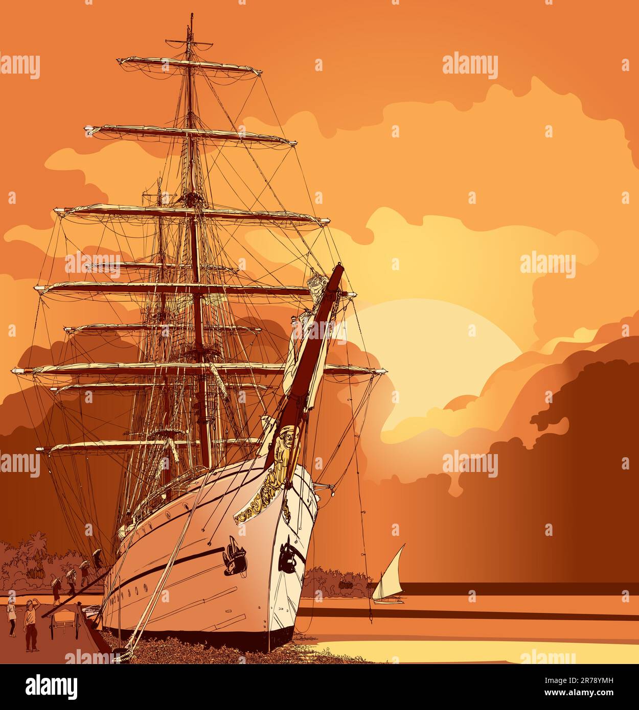 vector illustration of a sailing boat at sunset Stock Vector