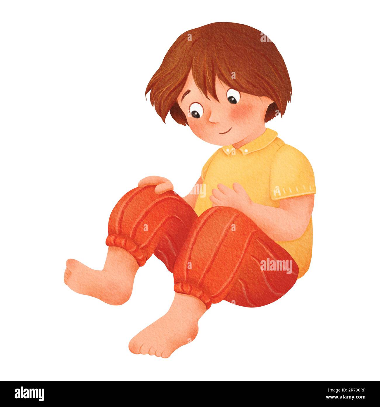 Little boy is sitting on the floor. Child looks down. Cartoon character