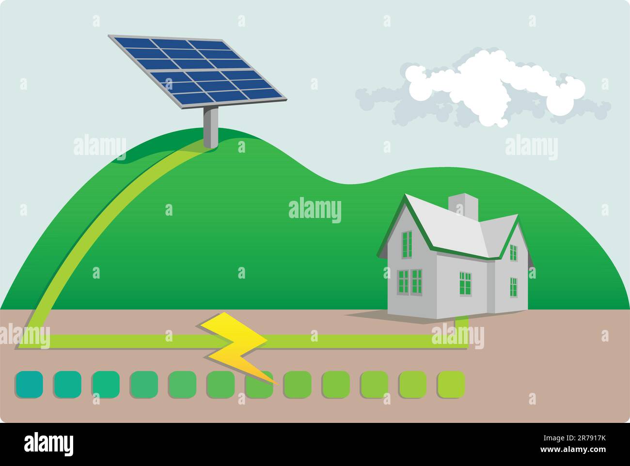 A home being powered by solar energy. Solar panels on top of hill. Stock Vector