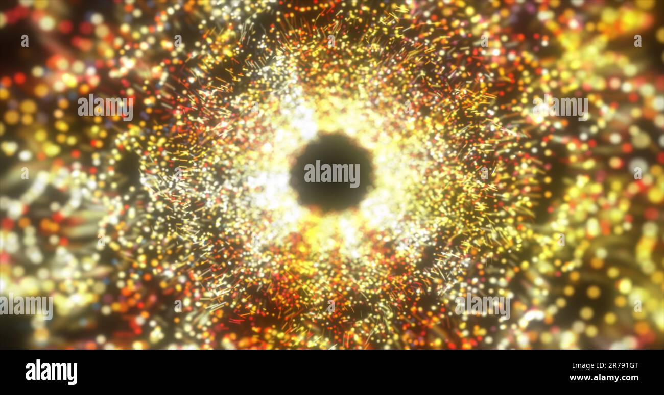 Abstract yellow energy tunnel made of particles and a grid of high-tech ...