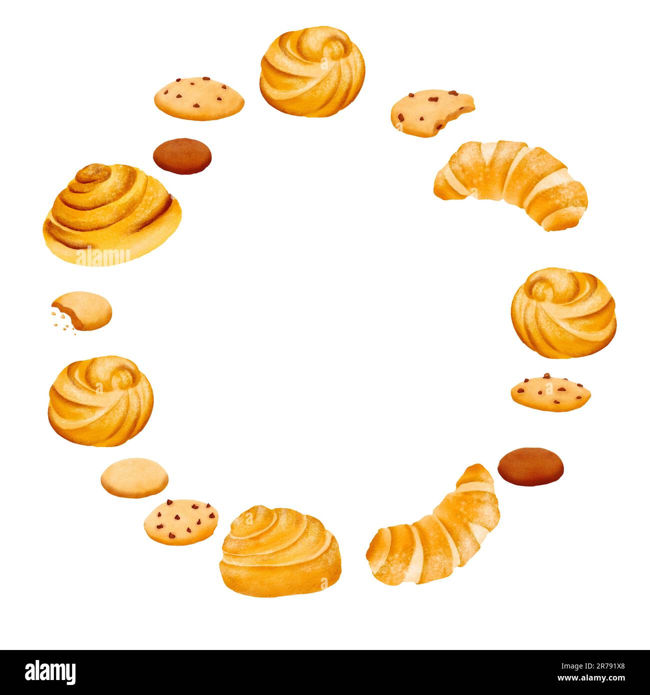 Watercolor bakery background. Bake shop round frame made of bakery