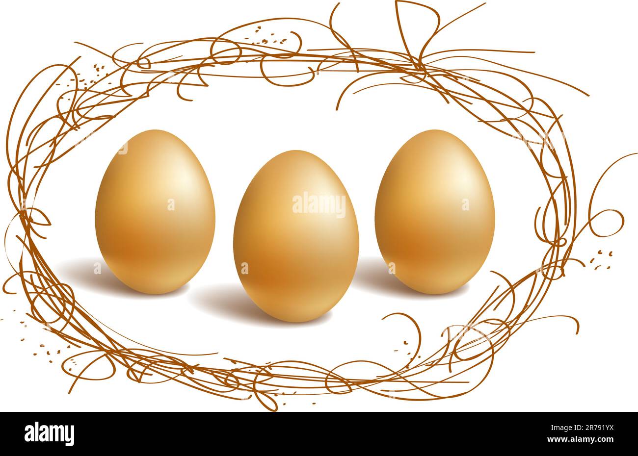 Three gold eggs in the nest frame Stock Vector