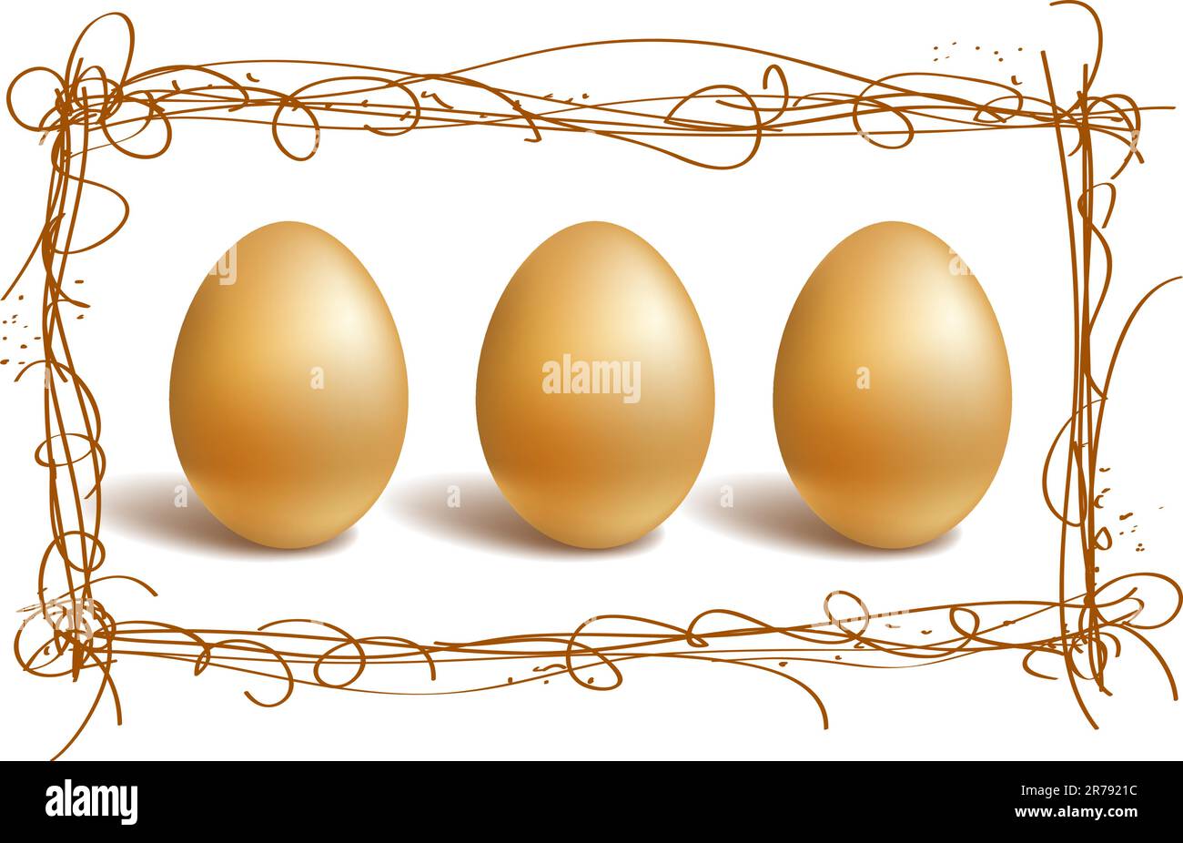 Three gold eggs in the nest frame Stock Vector