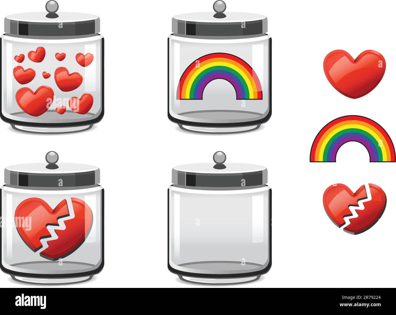 A jar of hearts, trapped rainbow, broken heart container and empty glass jar Stock Vector