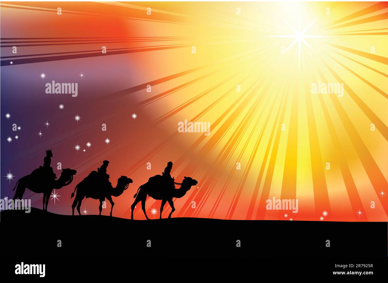 The three wise men crossing the desert following the star of Bethlehem in Christmas Nativity scene Stock Vector