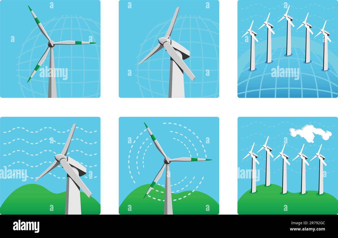 Series of windmill turbines used to generate clean power to save the environment Stock Vector