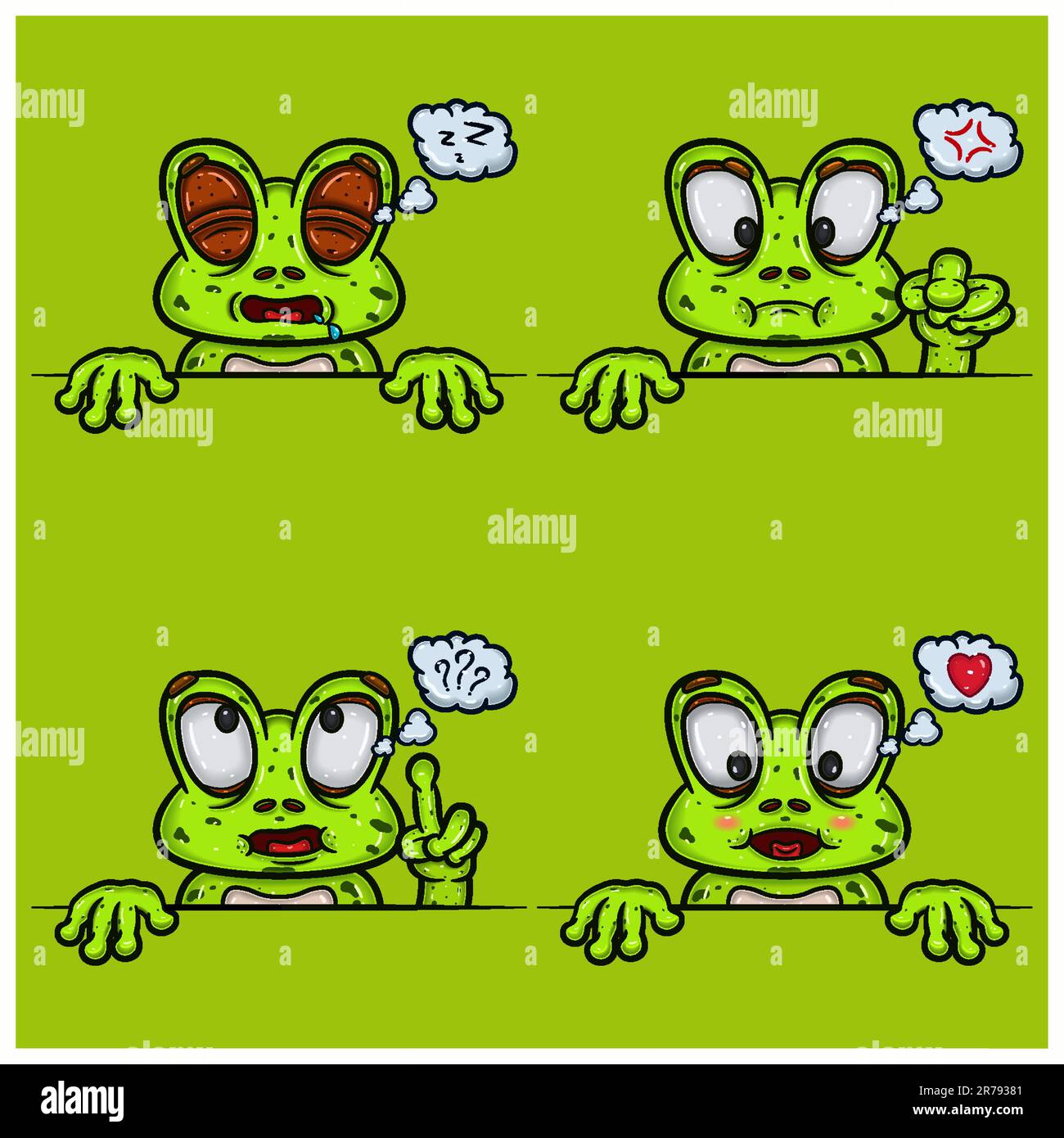 Set Of Expression Frog Face Cartoon. Sleep, Angry, Confused and Loving Face Expression. With Simple Gradient. Vector and Illustration. Stock Vector