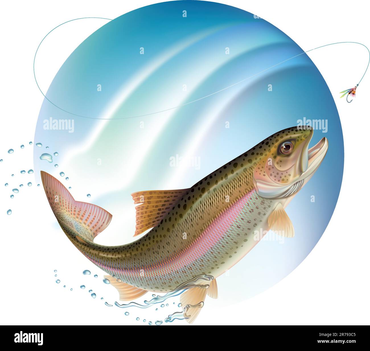 Trout jumping for the bait with water sprays around. Vector