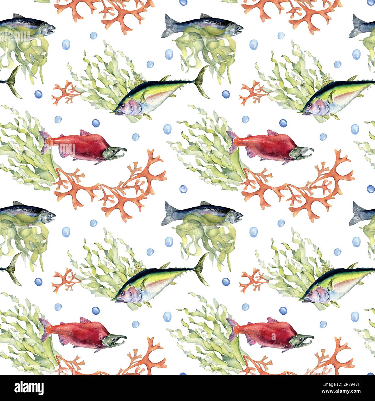 Various wild sea fish seamless pattern watercolor illustration isolated ...