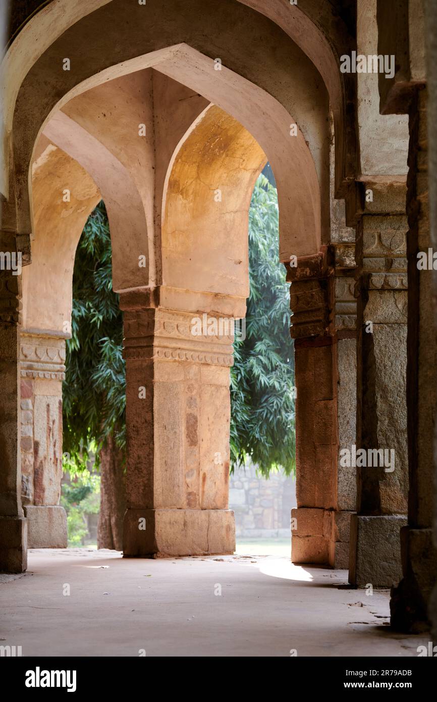 Columns of Sikandar Lodi Tomb in New Delhi Lodhi garden, India, ancient indian pillars of tomb of Sikandar Lodi Tomb blend of Islamic and Hindu archit Stock Photo