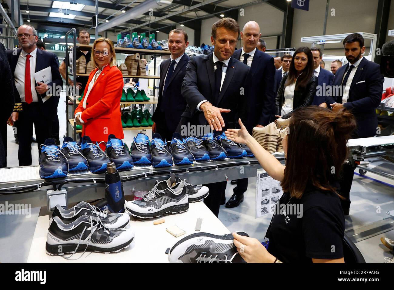 French President Emmanuel Macron visits the Advanced Shoe Factory 4.0 (ASF  4.0) sports footwear factory of Chamatex Group in Ardoix, central France,  Tuesday June 13, 2023. (Eric Gaillard/Pool via AP Stock Photo - Alamy