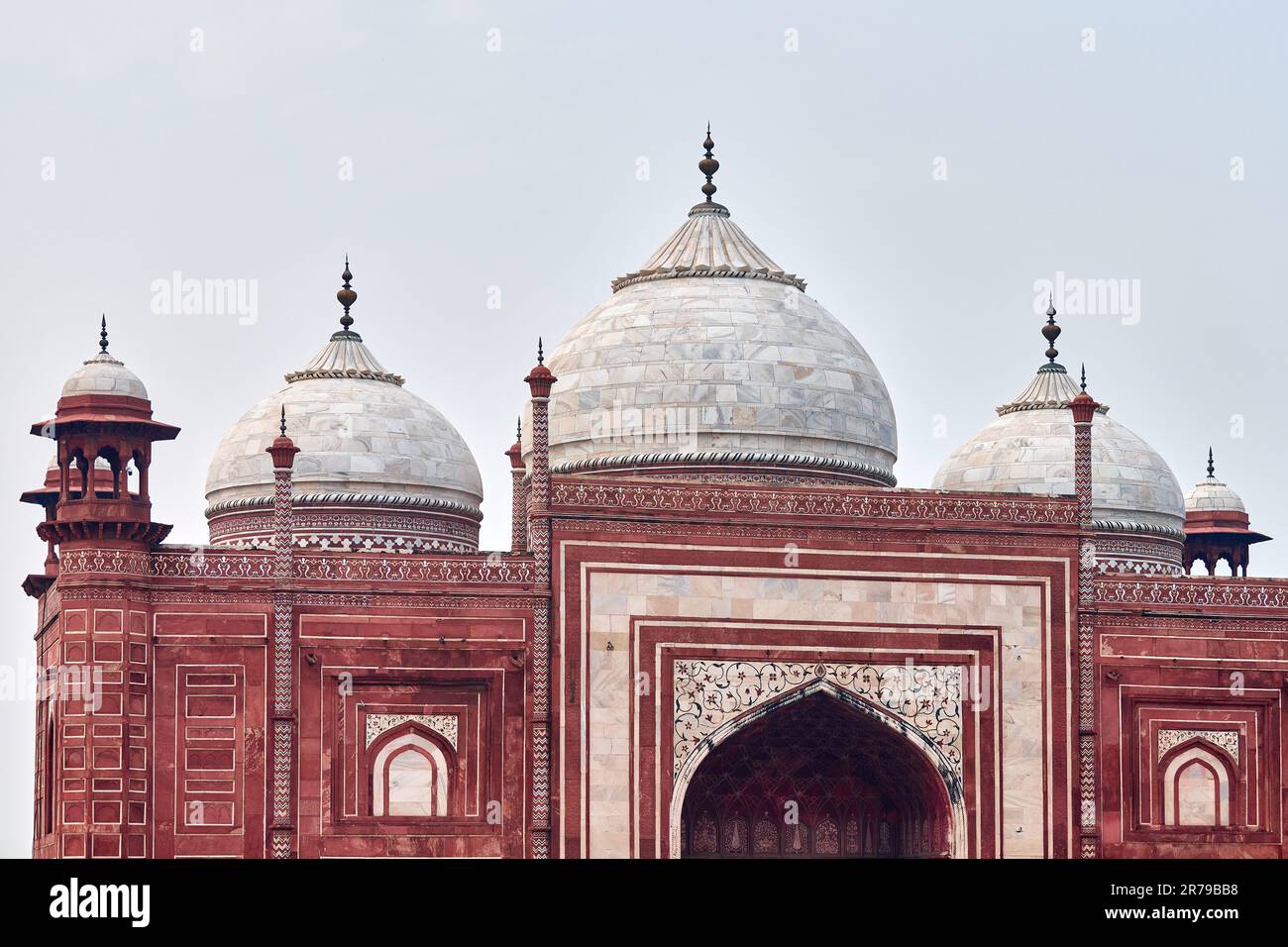 Taj Mahal entrance gateway close up view with Chhatri dome shaped
