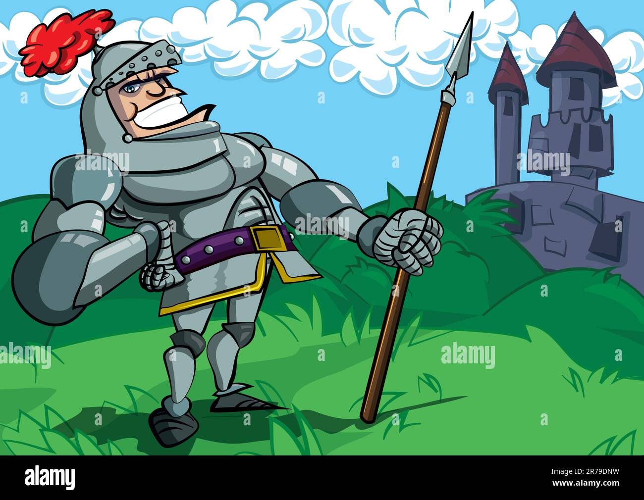 Cartoon knight in armour with a spear. He is in a fields in front of a ...