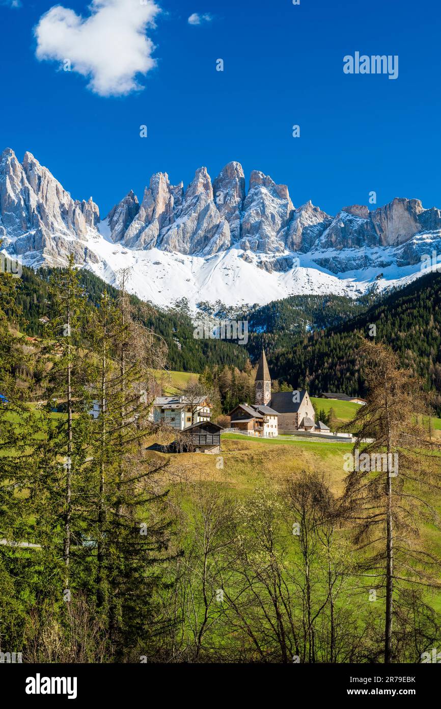 St. Magdalena-Santa Maddalena with Odle (Geislergruppe) mountain group behind, Dolomites, Villnoss-Funes, Trentino-Alto Adige/Sudtirol, Italy Stock Photo