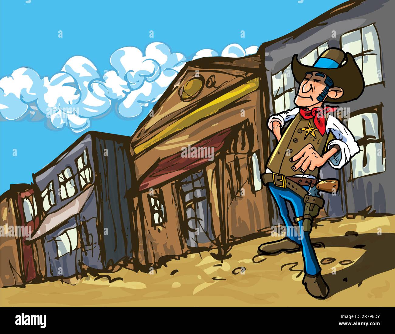 Cartoon cowboy in a western old west town looking down the street Stock Vector