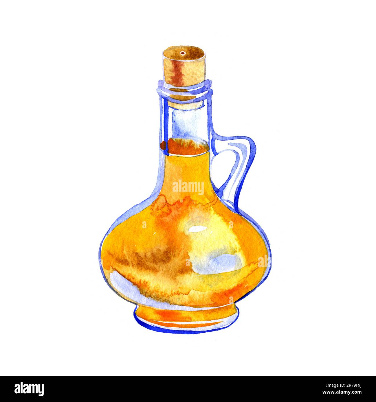 Oil in glass bottle illustration. Natural fresh organic yellow