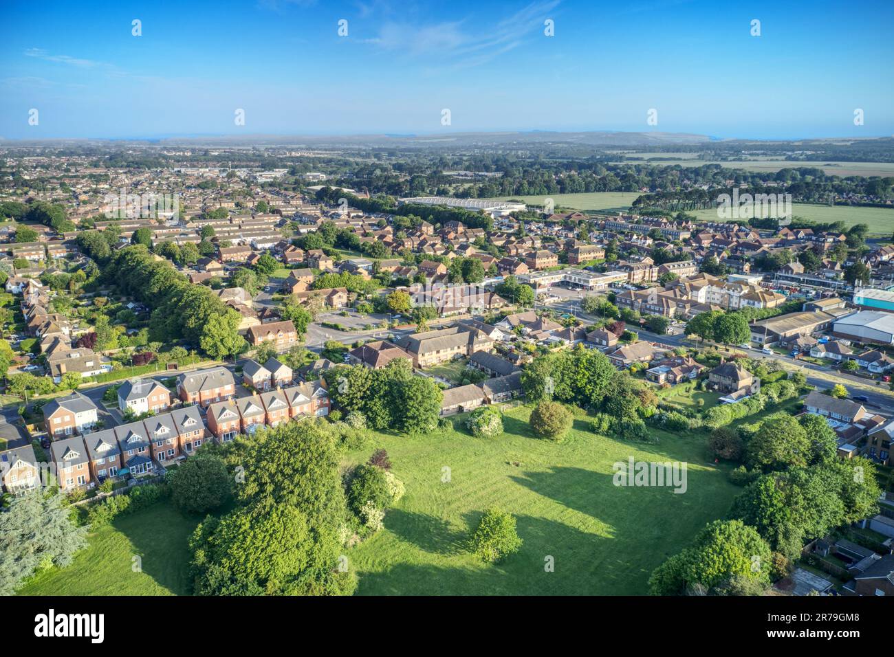 Aerial from Langmead Recreation Ground in East Preston and on the border of Rustington towards Angmering Station. Stock Photo