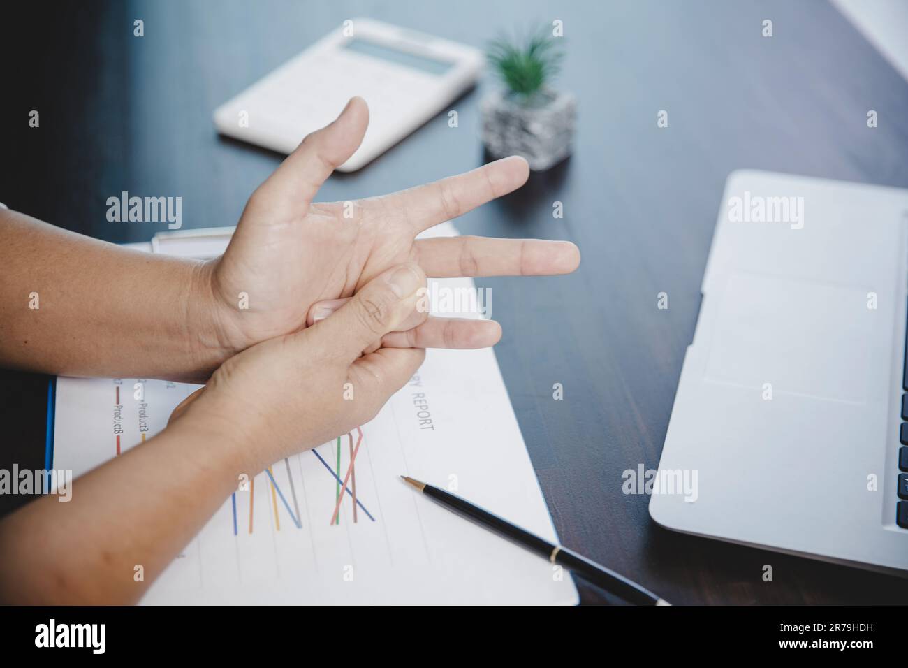 Arthritis person, finger woman ache from working in office. Concept