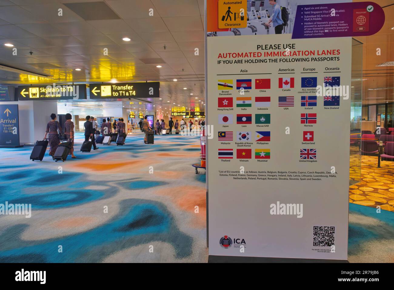 A signboard in Terminal 2 of Changi Airport advises on which nationalities can pass immigration via the automated immigration lanes (passport scan) Stock Photo
