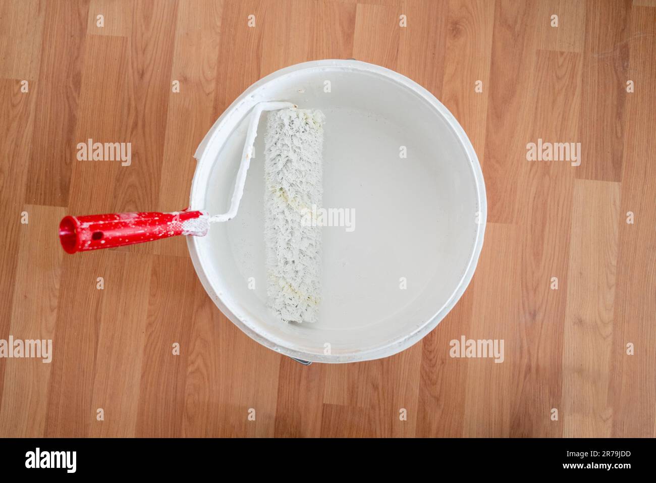 Top view of whitewash roll standing in bucket of white ceiling paint Stock Photo