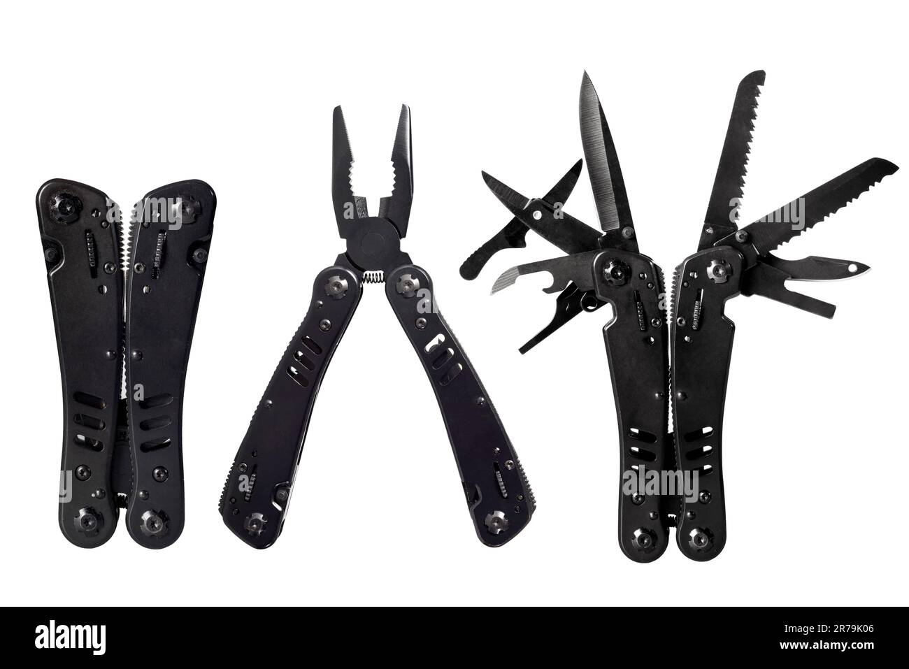 Black multipurpose folding knife isolated on white Stock Photo
