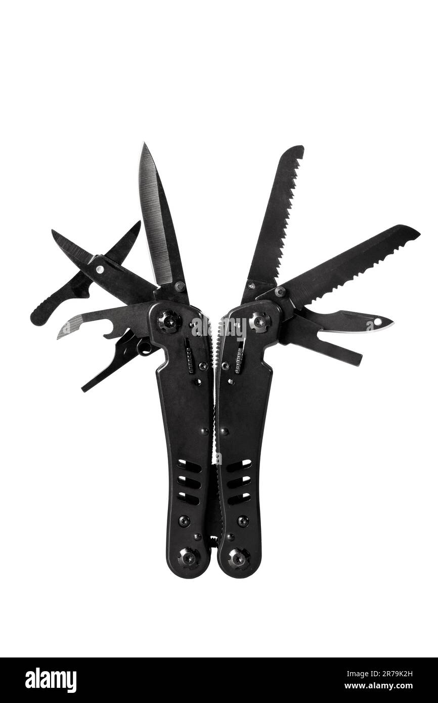 Multifunctional folding knife isolated on white. Close-up Stock Photo