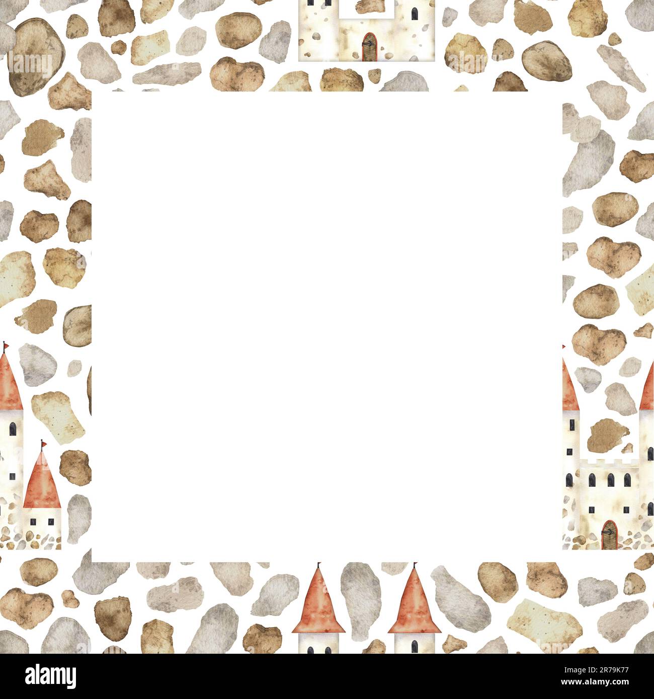 Frame with castle and Stone house wall seamless border, rock gray tiles
