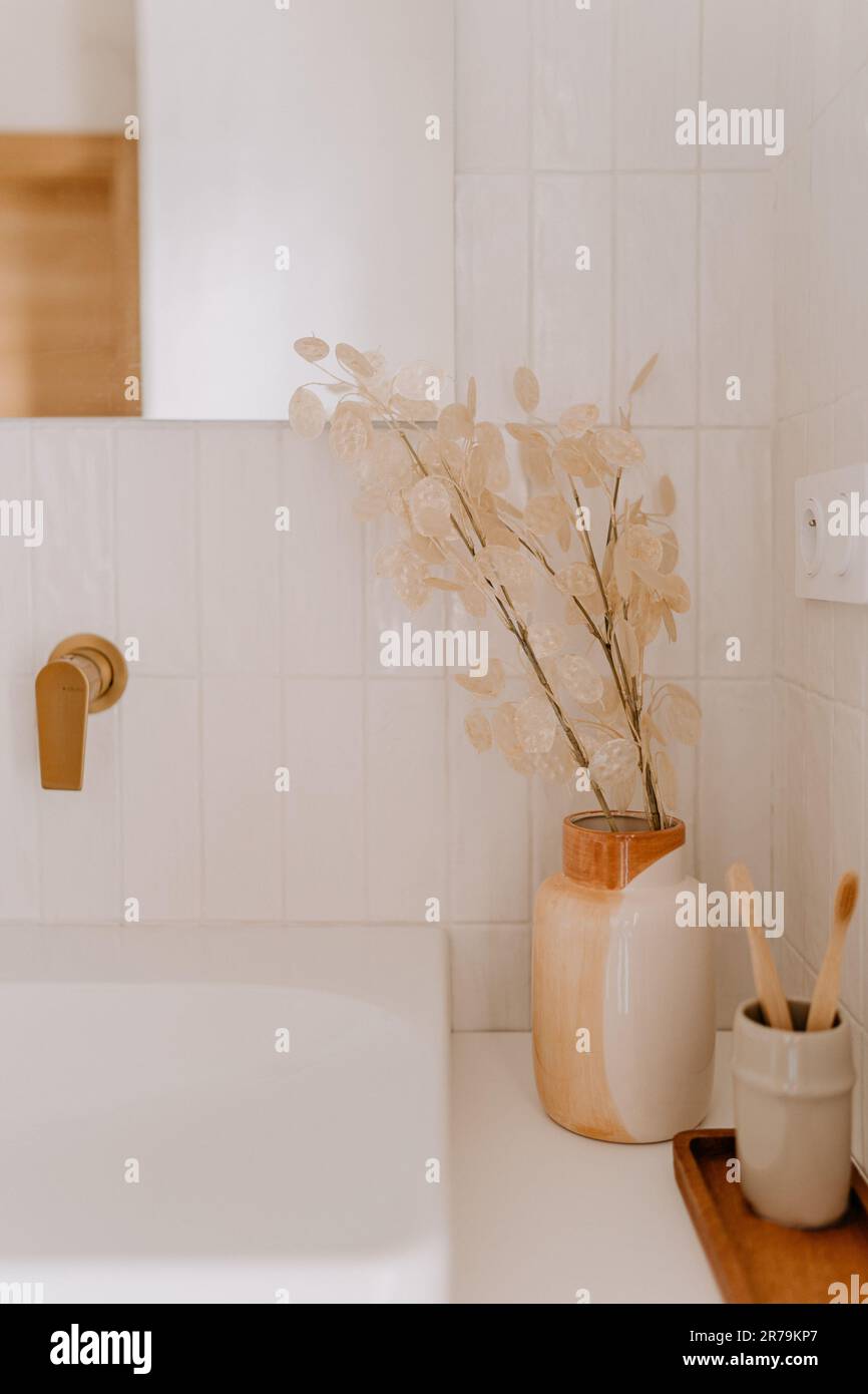A ceramic vase filled with a decorative plants, placed on the counter ...