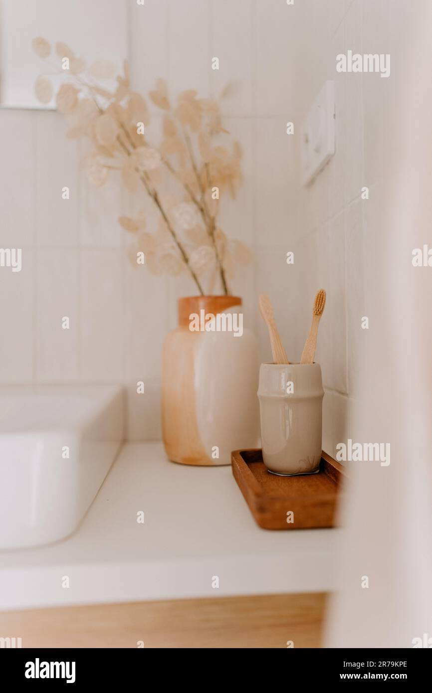 A ceramic vase filled with a decorative plants, placed on the counter ...