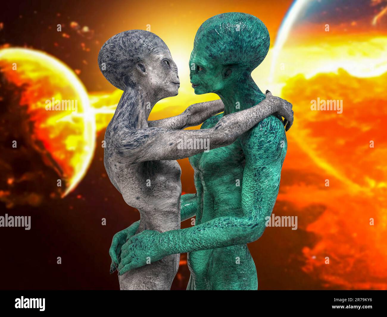Aliens love 3D illustration. A couple of humanoid aliens hugging